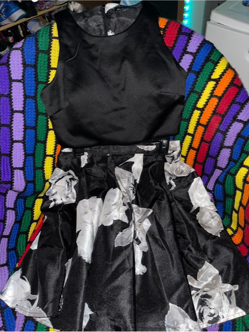 Black Satin Two-Piece Dress with Silver Floral Skirt JUNIORS SIZE 1